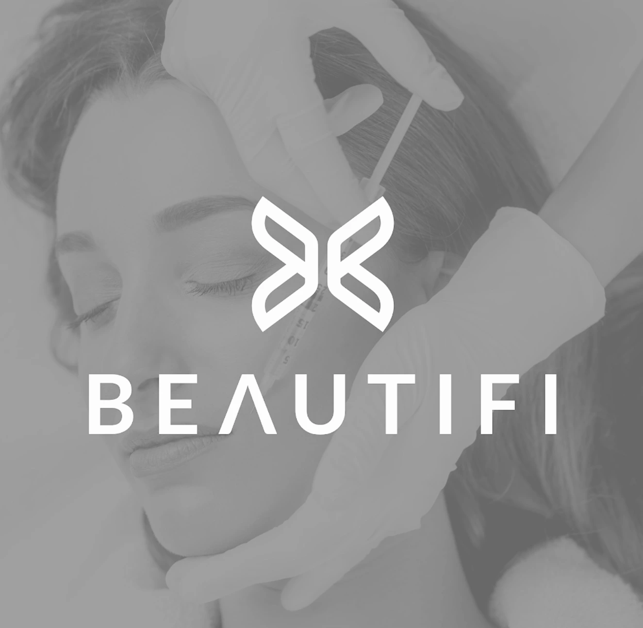 Black and white photo of woman getting injectables and Beautifu logo