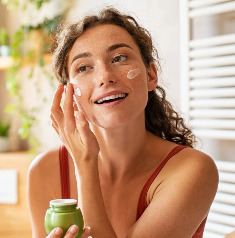 woman applying face cream in the mirror